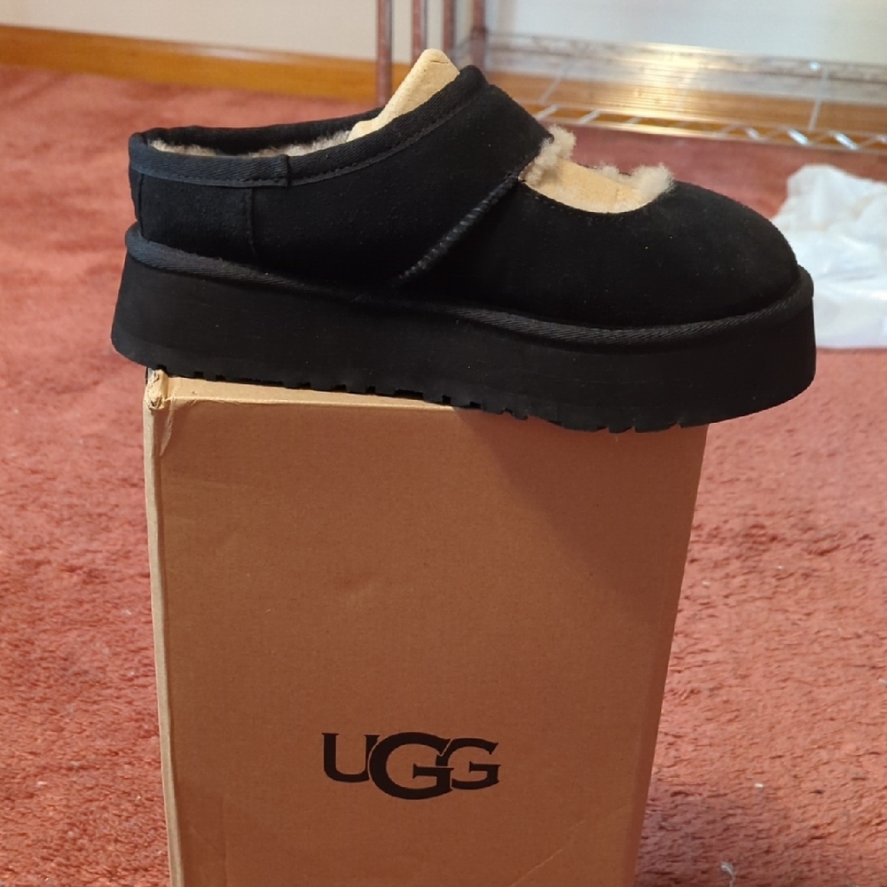 UGG Black Suede Mary Jane Shearling Mule